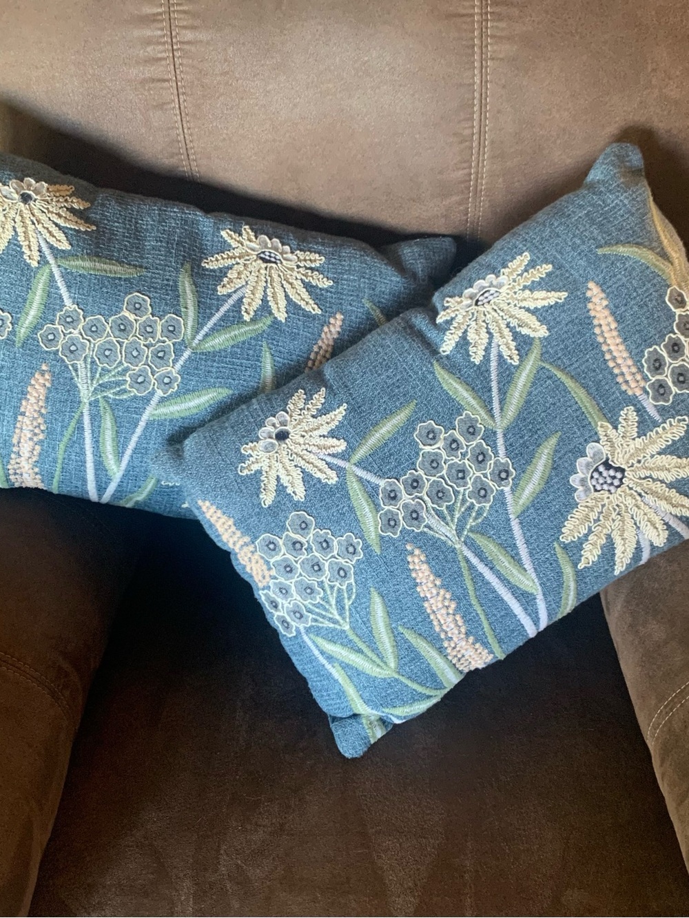 Set of 2 Blue Embroidered Botanical Floral Throw Pillows Cottage Decor